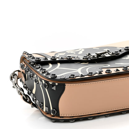 Valentino Garavani Calfskin Panther Medium Guitar Strap Rockstud Rolling Flap Saddle Bag Beige Black 7 of 9