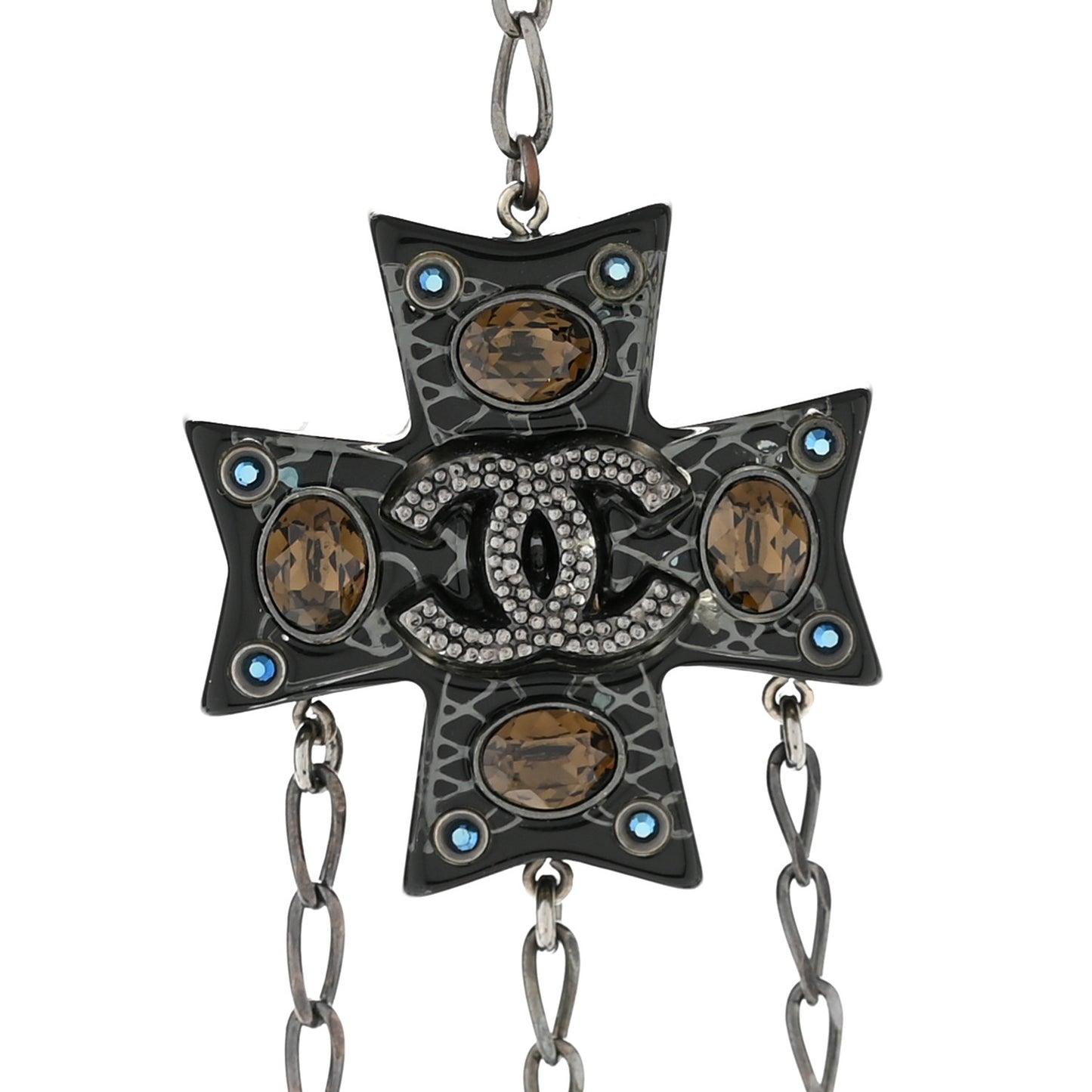 Resin Pearl Beaded CC Cross Multi Strand Long Necklace Ruthenium Black