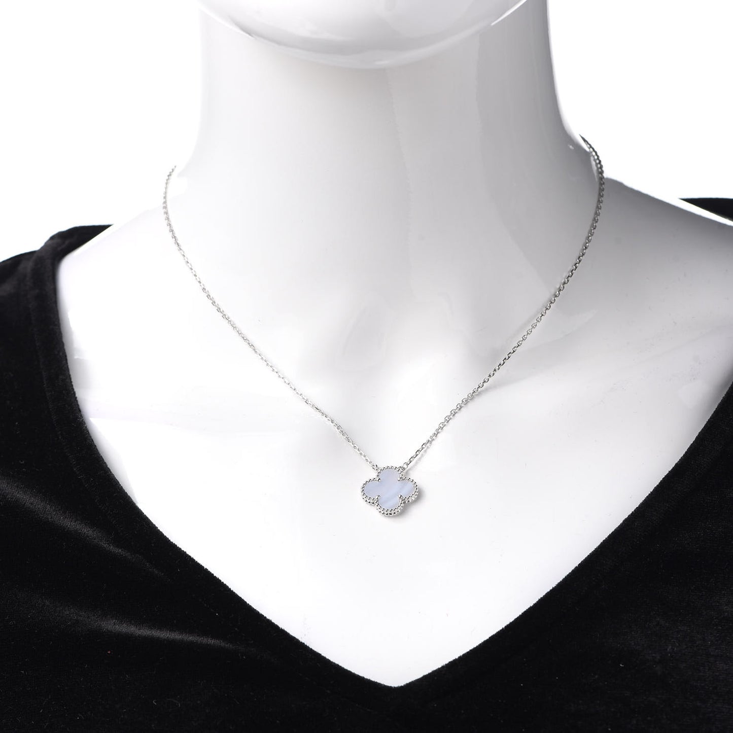 18K White Gold Chalcedony Vintage Alhambra Pendant Necklace