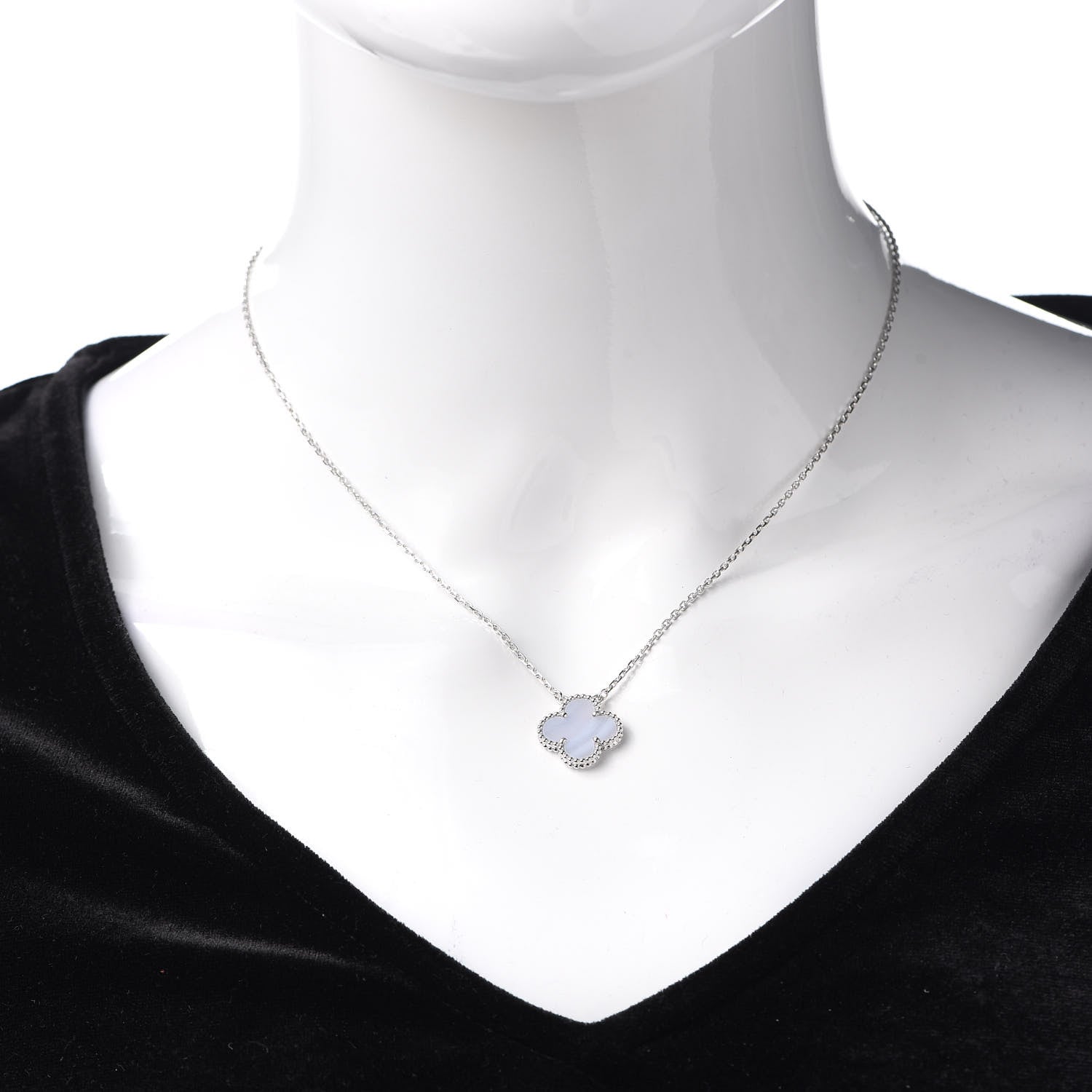Van Cleef & Arpels 18K White Gold Chalcedony Vintage Alhambra Pendant Necklace 2 of 7
