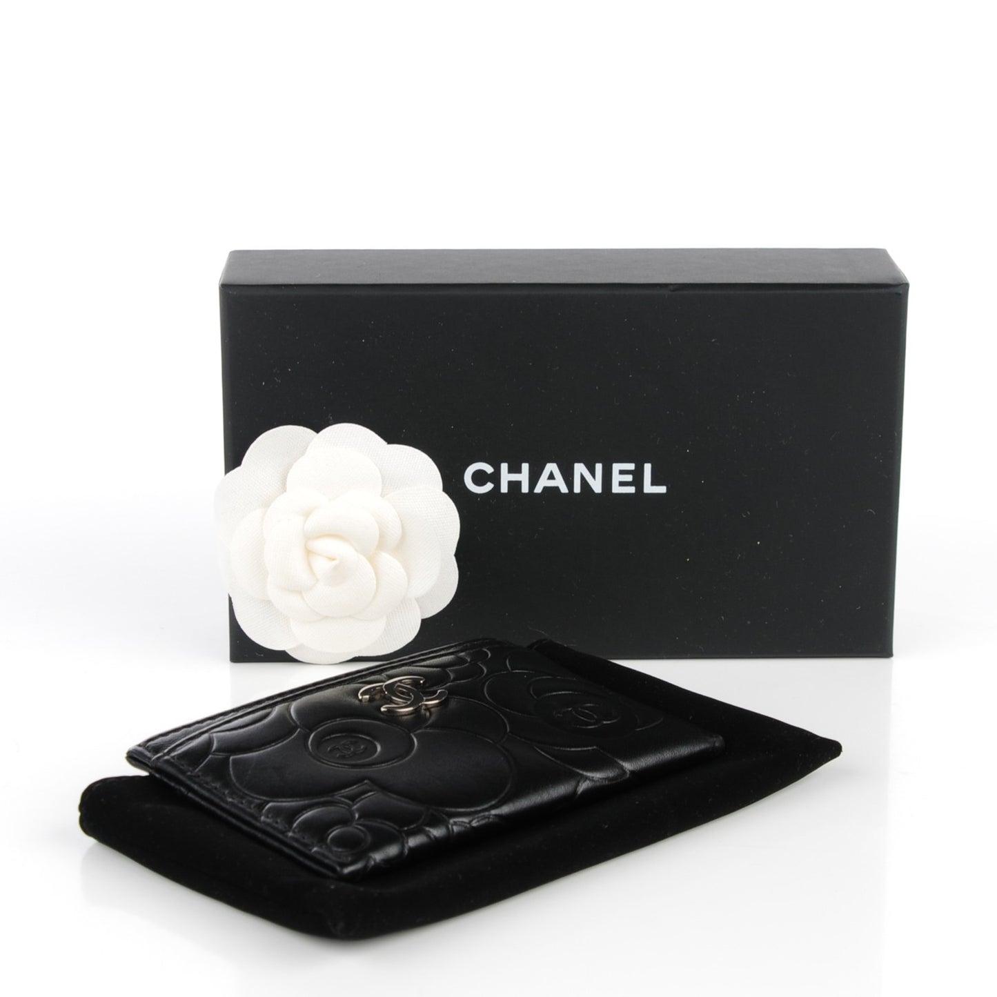 Lambskin Camellia Embossed Card Holder Black