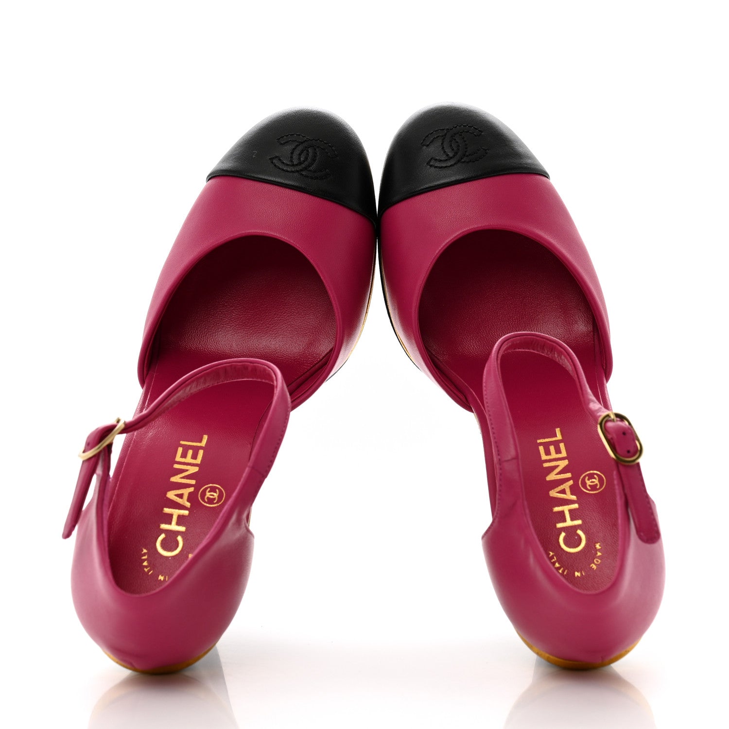 Chanel Lambskin Cap Toe Open Wedge 37.5 Fuchsia Black 2 of 11