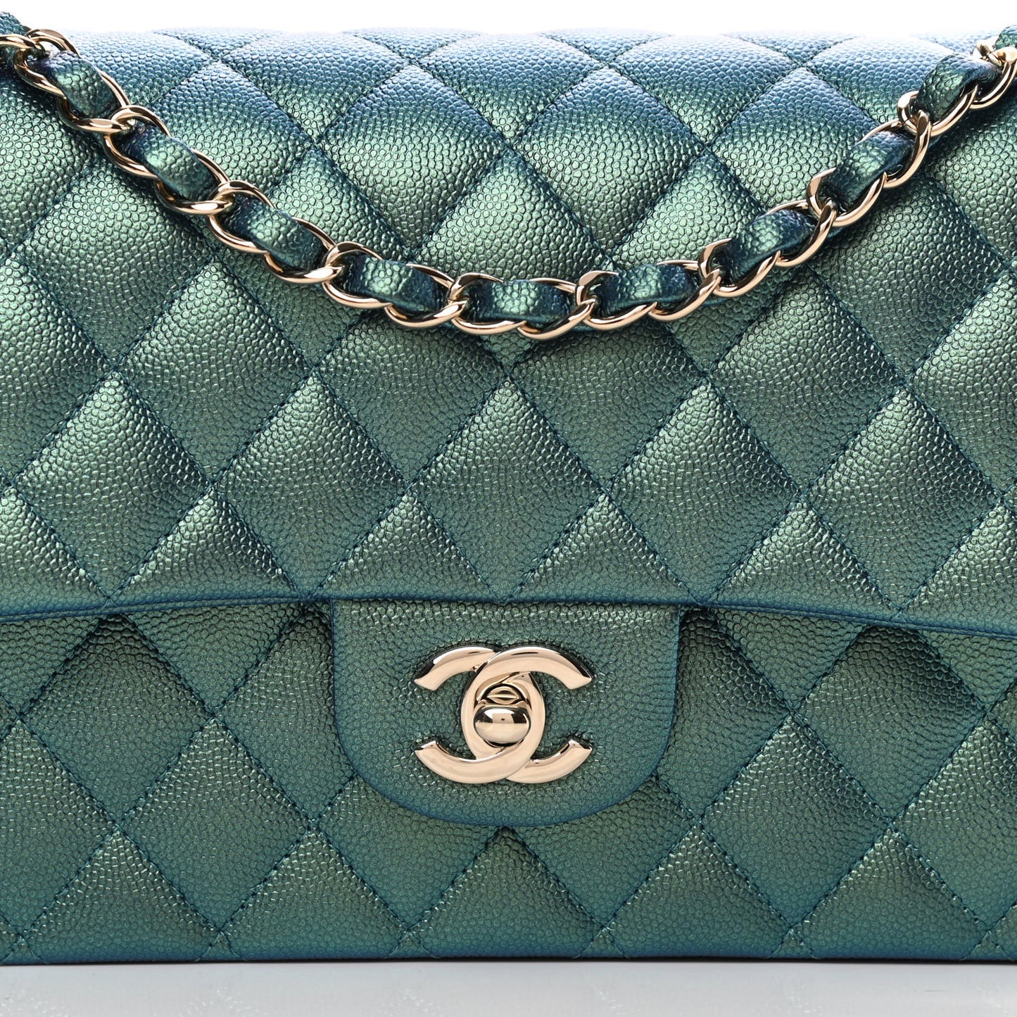 Iridescent Caviar Quilted Medium Double Flap Green
