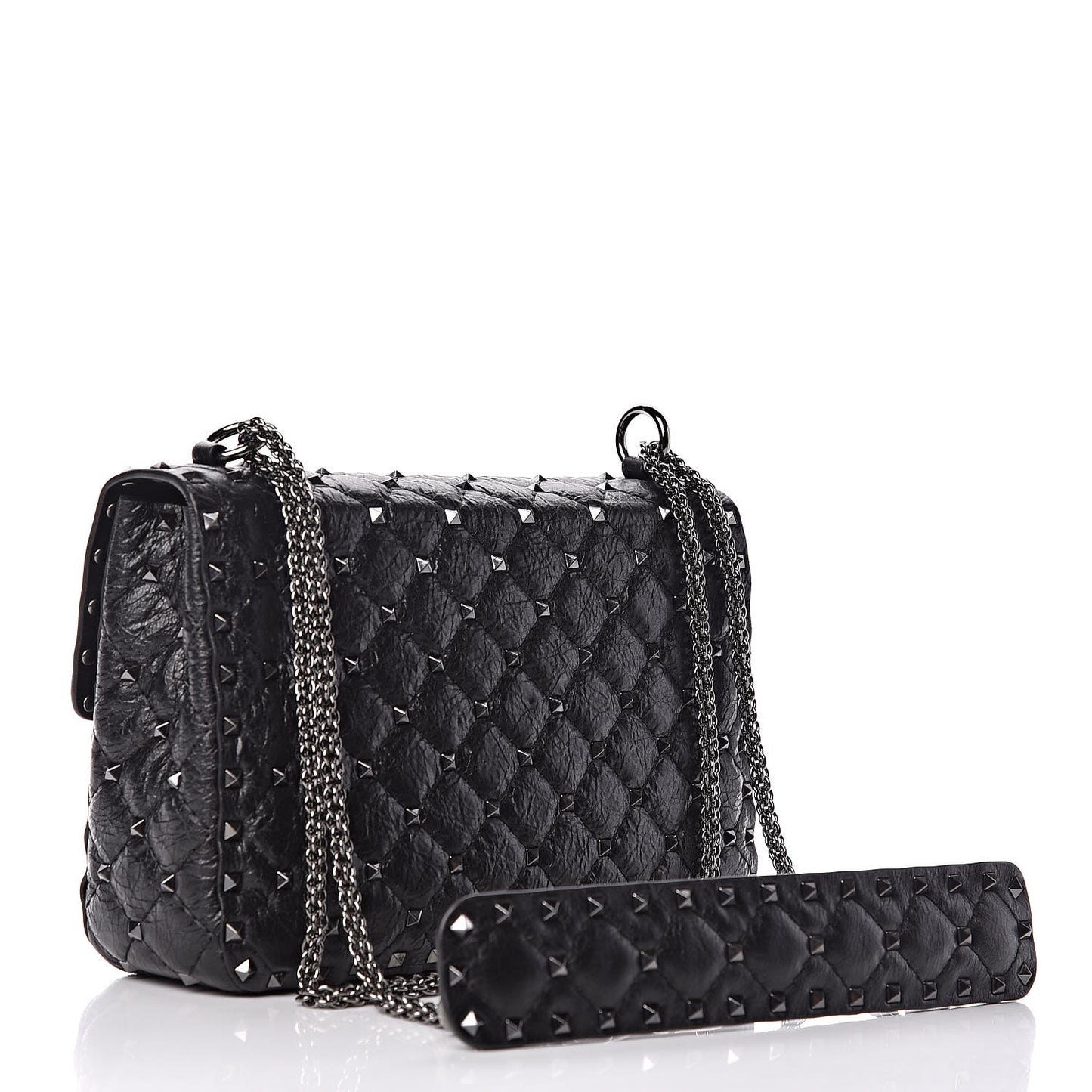 Craquele Nappa Medium Rockstud Spike Shoulder Bag Black