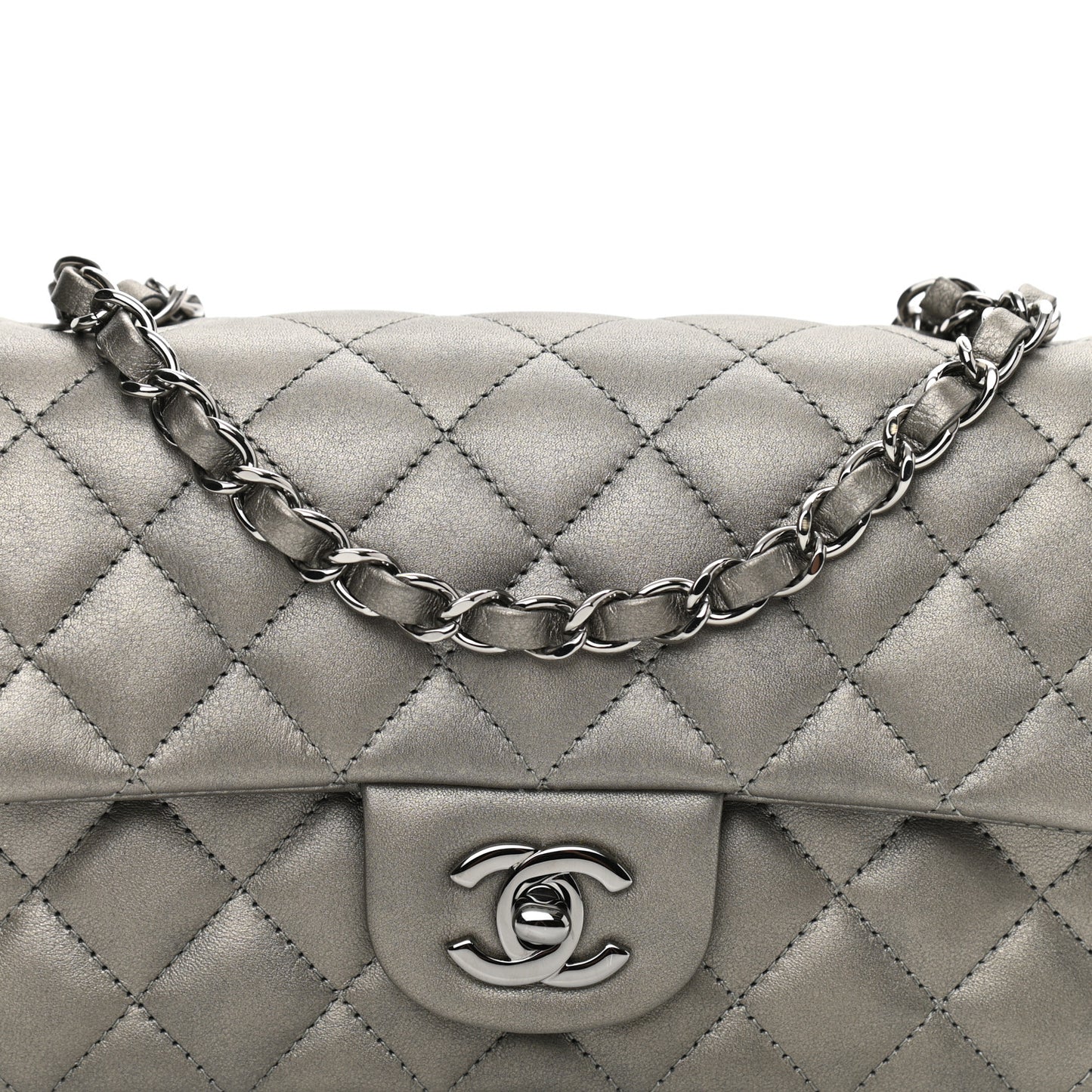 Iridescent Calfskin Quilted Mini Rectangular Flap Charcoal Grey