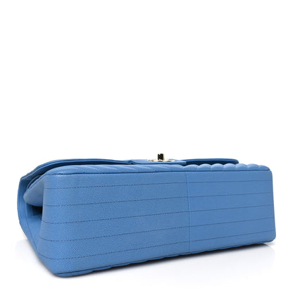 Chanel Caviar Flat Chevron Quilted Jumbo Double Flap Blue 4 of 11