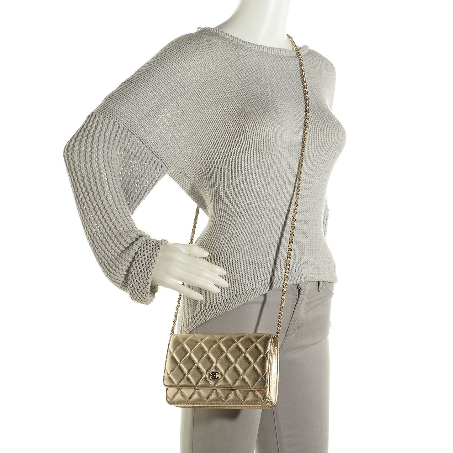 Metallic Lambskin Wallet On Chain WOC Gold