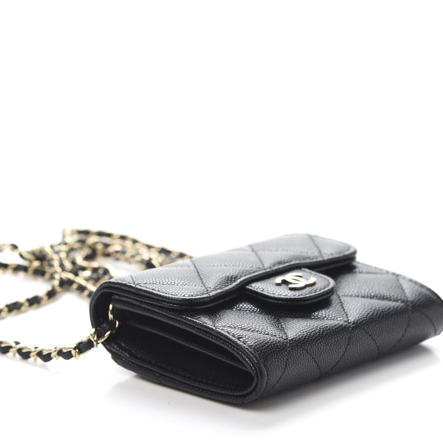Caviar Quilted Flap Card Holder On Chain Black