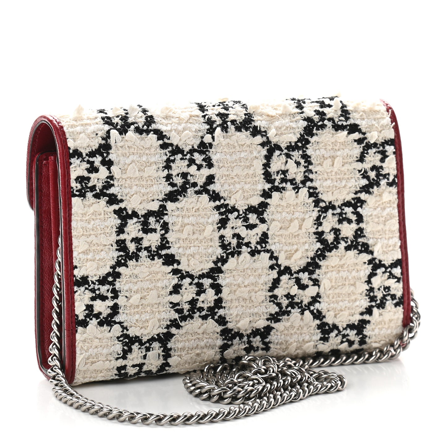 Tweed GG Monogram Mini Dionysus Chain Wallet White Black Romantic Cherry