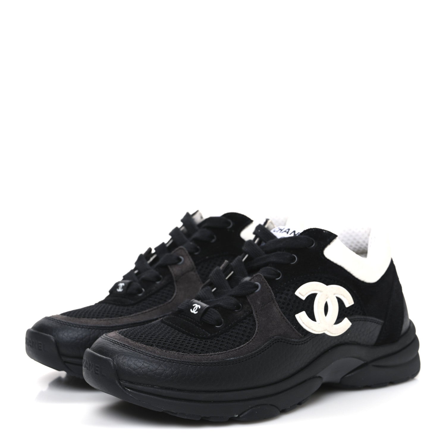 Chanel Mesh Suede Grained Calfskin Womens CC Sneakers 37 Black Brown 4 of 9