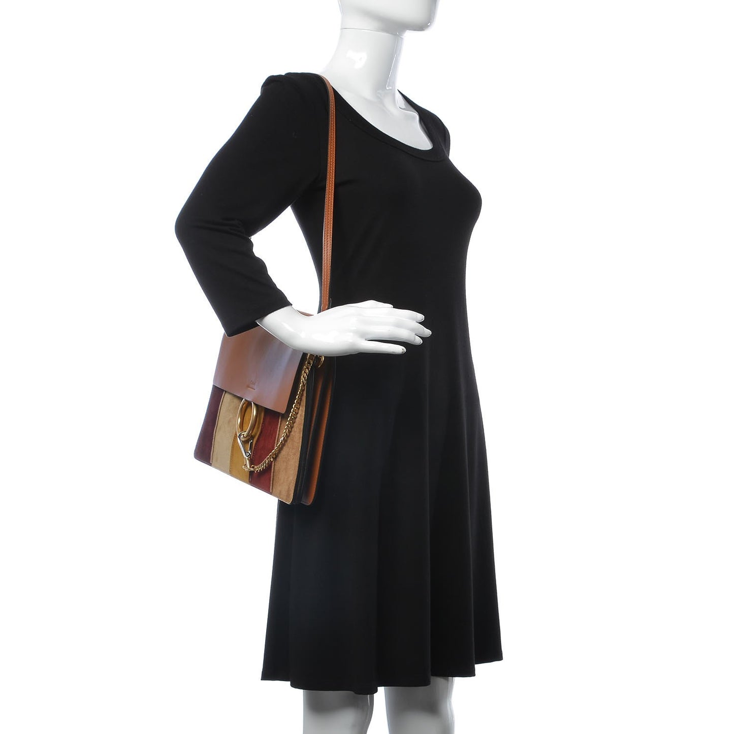 Suede Striped Patchwork Medium Faye Shoulder Bag Caramel