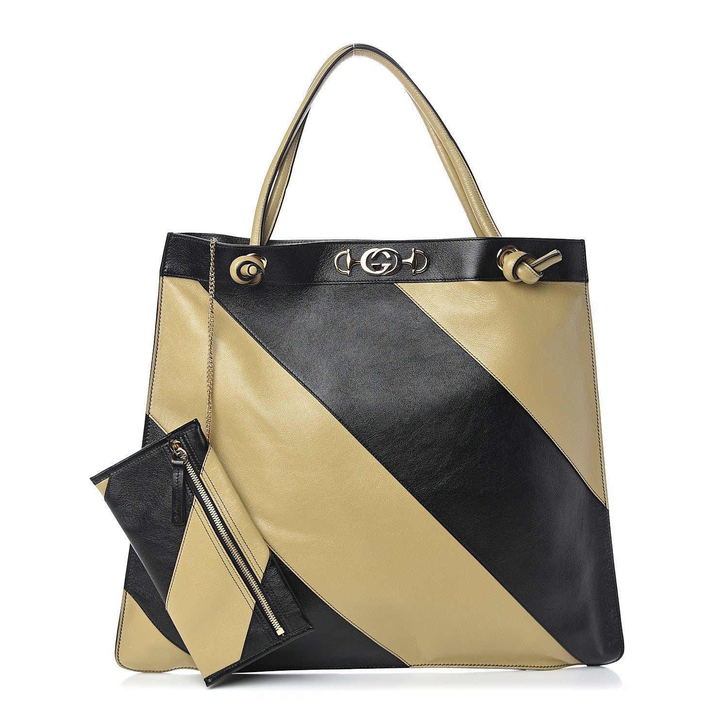 Gucci Smooth Calfskin Diagonal Striped Zumi Tote Black Beige 1 of 8