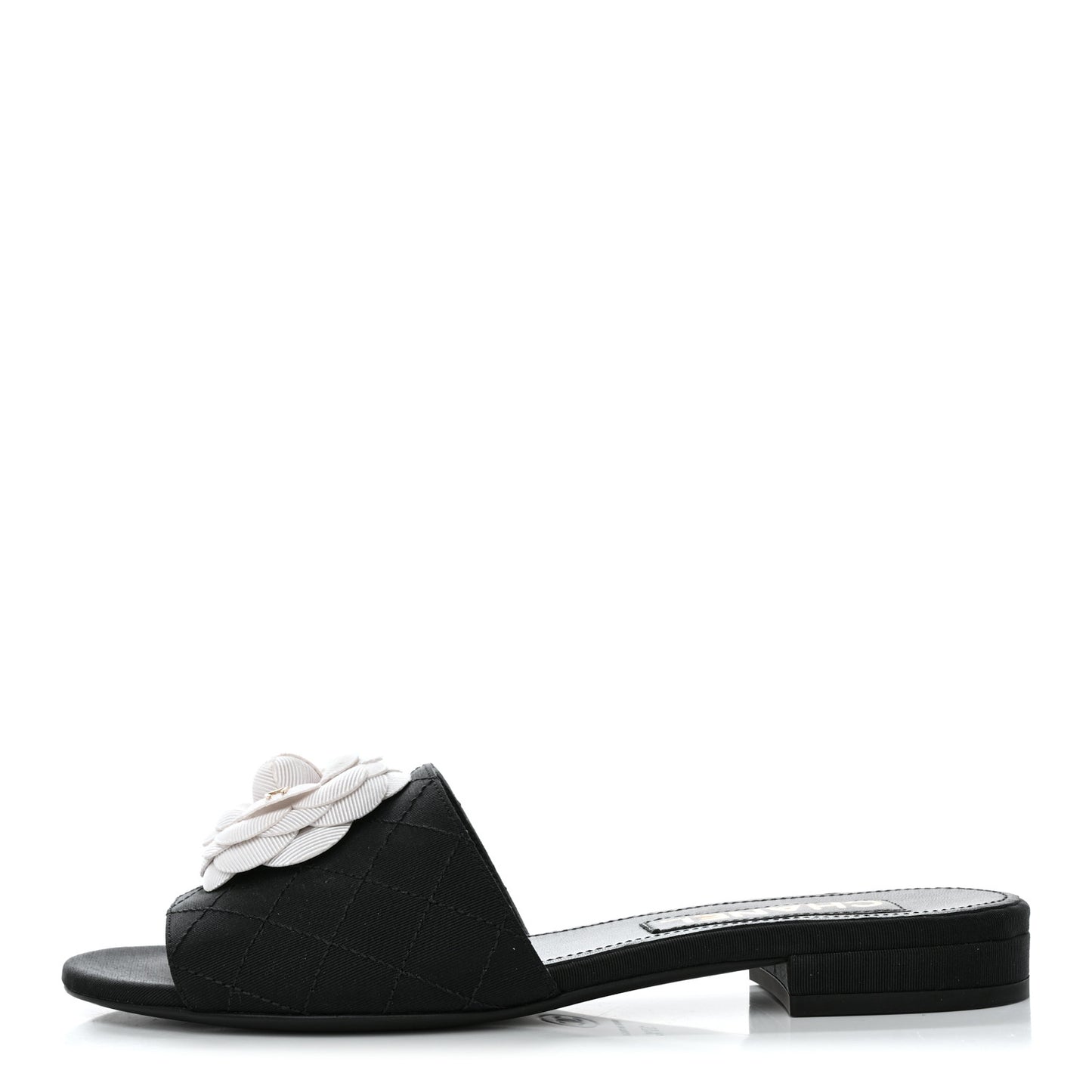 Grosgrain Quilted Camellia CC Slides 37.5 Black White