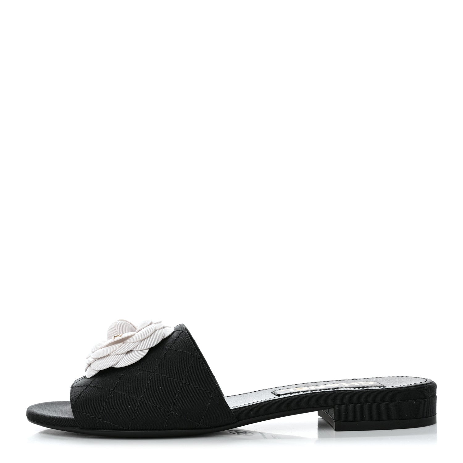 Chanel Grosgrain Quilted Camellia CC Slides 37.5 Black White 1 of 9