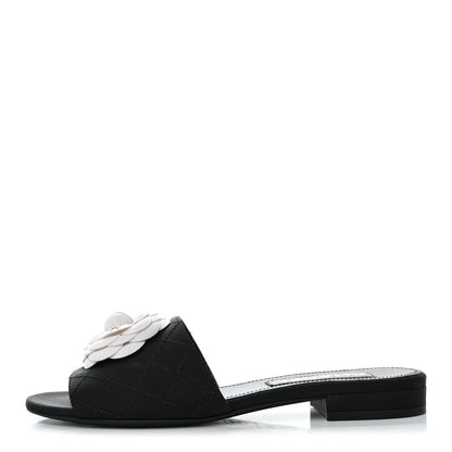 Chanel Grosgrain Quilted Camellia CC Slides 37.5 Black White 1 of 9