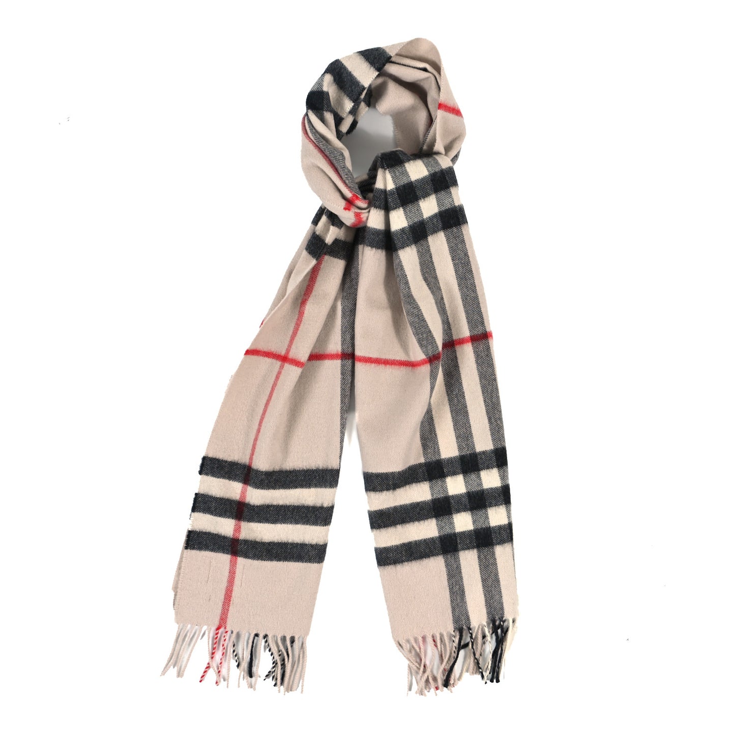 Cashmere Giant Check Fringe Scarf Ivory