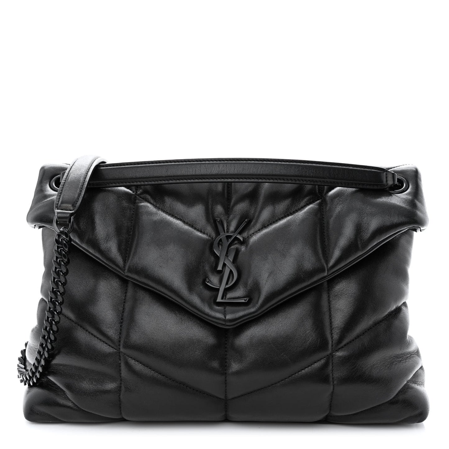 Lambskin Quilted Monogram Monochrome Medium Loulou Puffer Chain Satchel Black