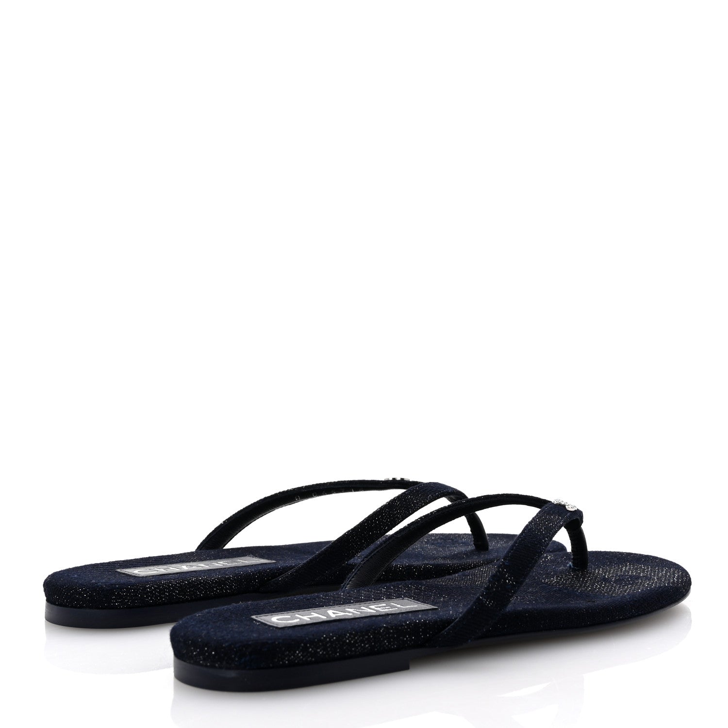 Chanel Cotton SIlk Crystal CC Thong Sandals 36.5 Dark Blue Silver 5 of 10