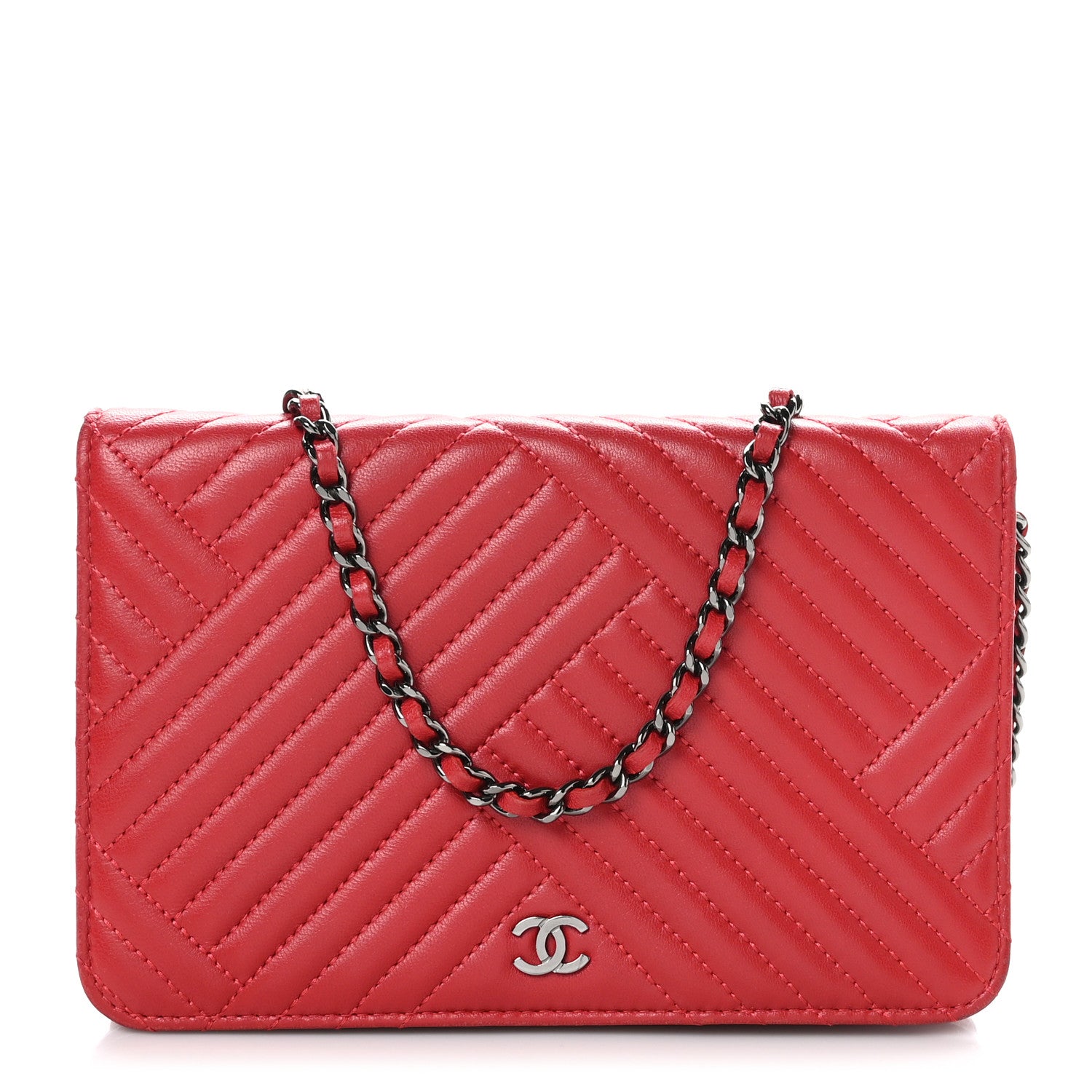 Chanel Lambskin Quilted CC Crossing Wallet On Chain WOC Red 1 of 12