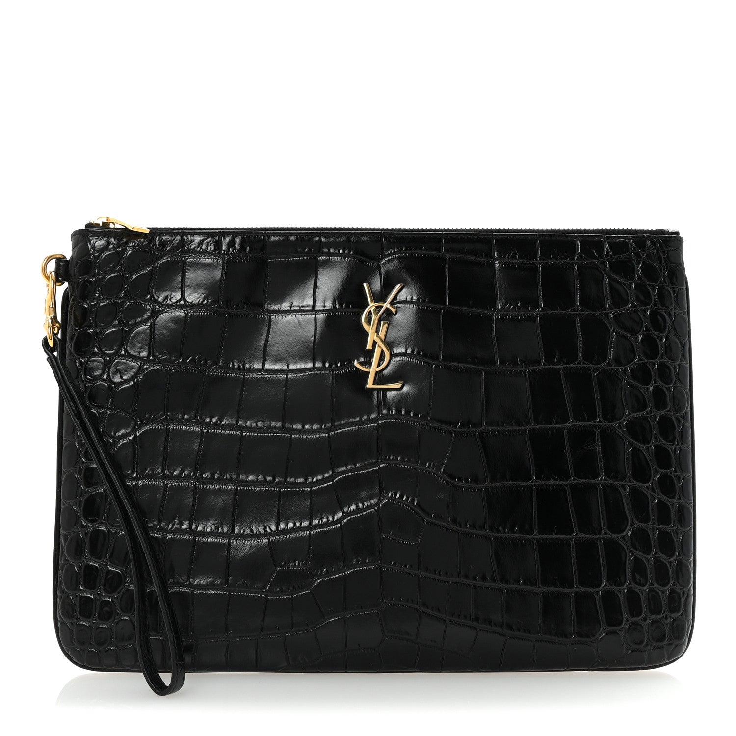Saint Laurent Calfskin Crocodile Embossed Tablet Pouch Black 1 of 7