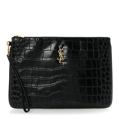 Saint Laurent Calfskin Crocodile Embossed Tablet Pouch Black 1 of 7