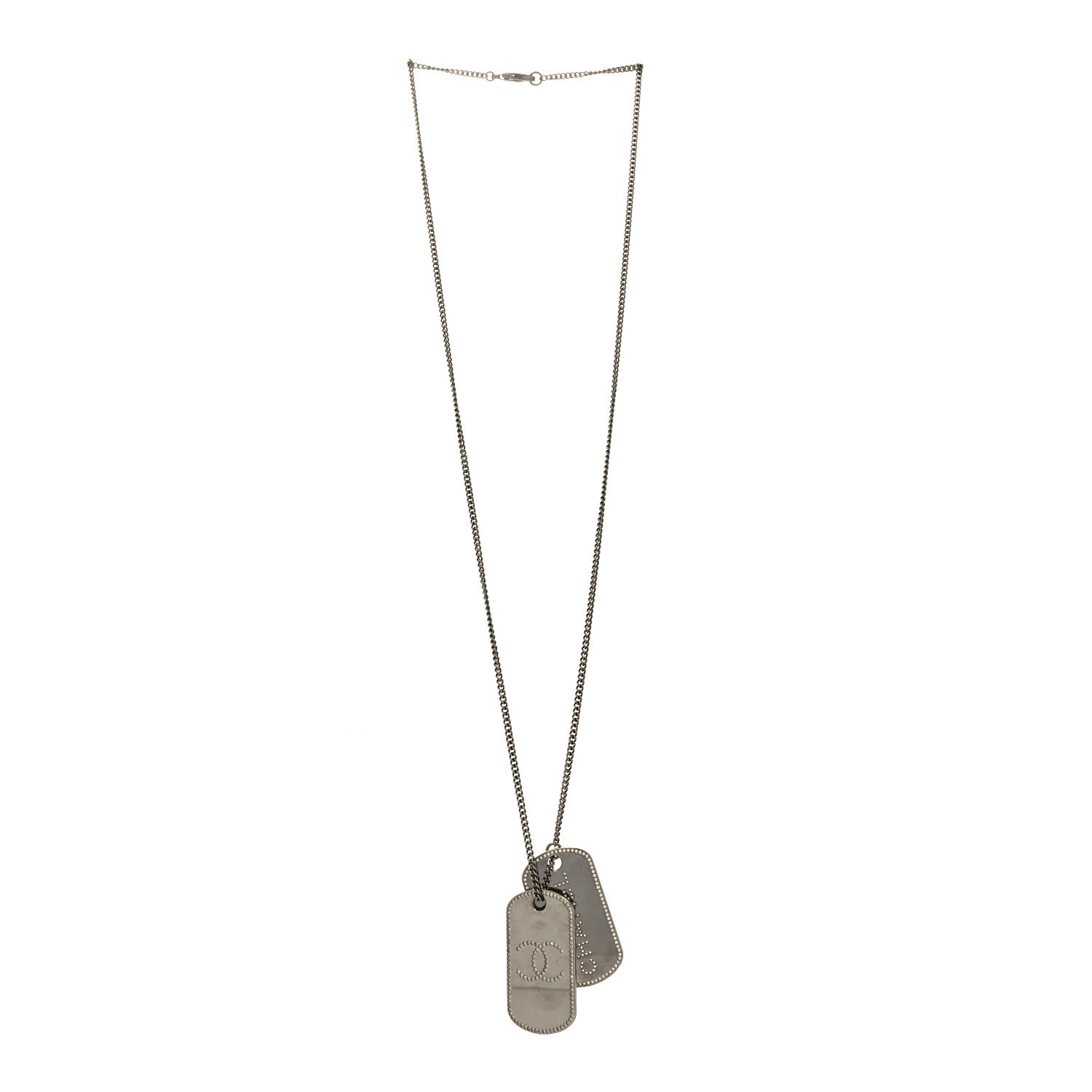 Chanel Metal Crystal Ruthenium Dog Tag Charm Necklace Silver 3 of 5