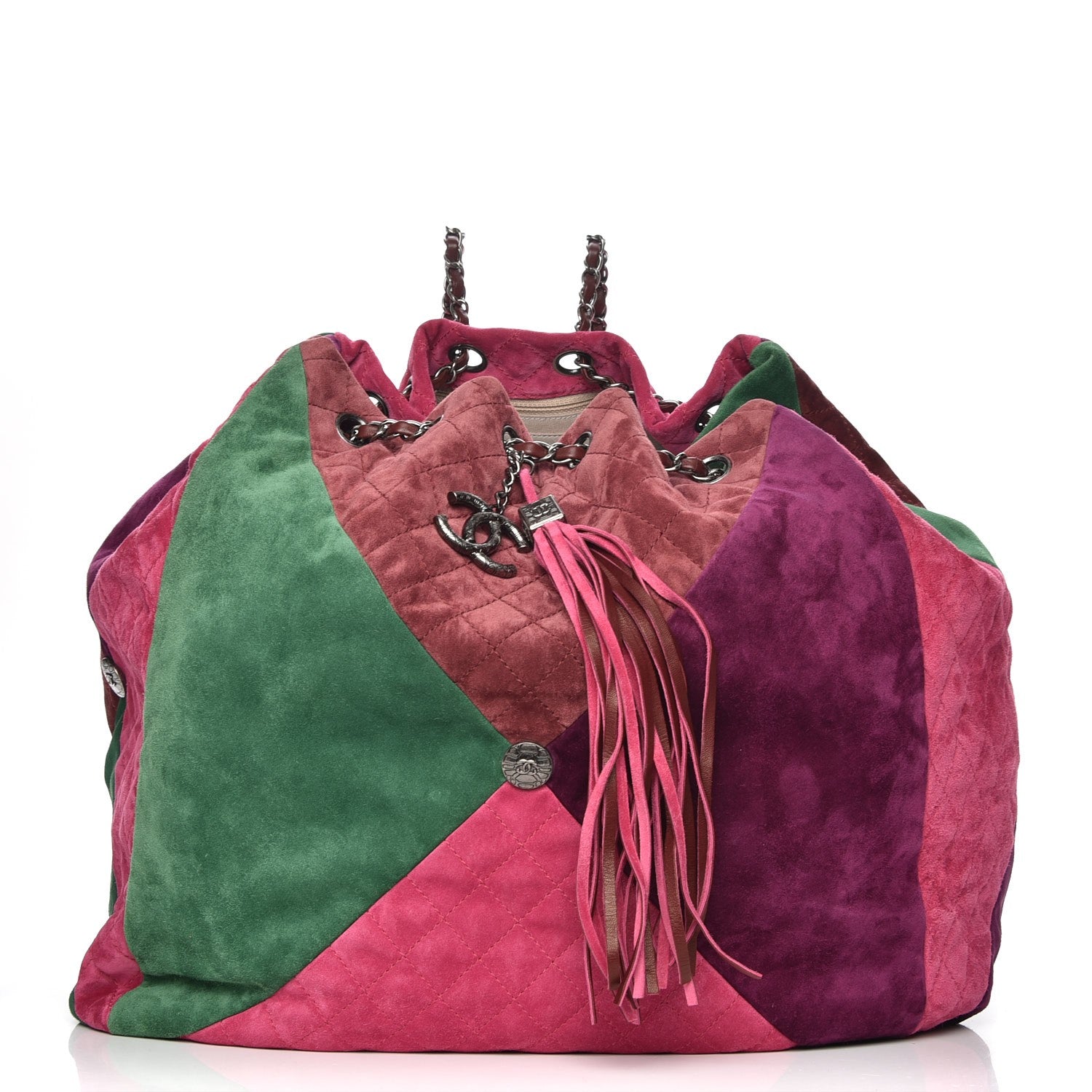 Chanel Suede Quilted Patchwork Drawstring Backpack Green Pink Purple Burgundy 1 of 7