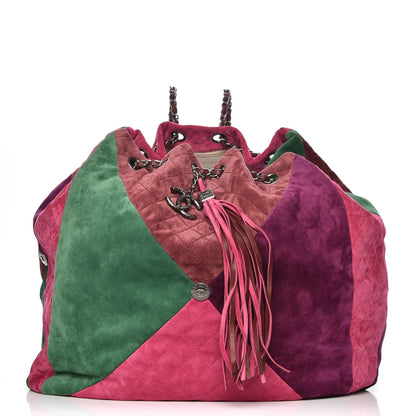 Chanel Suede Quilted Patchwork Drawstring Backpack Green Pink Purple Burgundy 1 of 7
