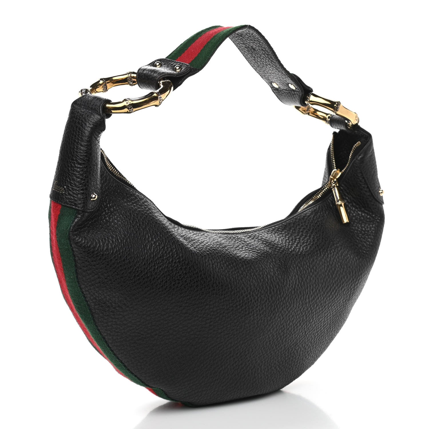 Gucci Pebbled Calfskin Web Bamboo Ring Hobo Black 3 of 11