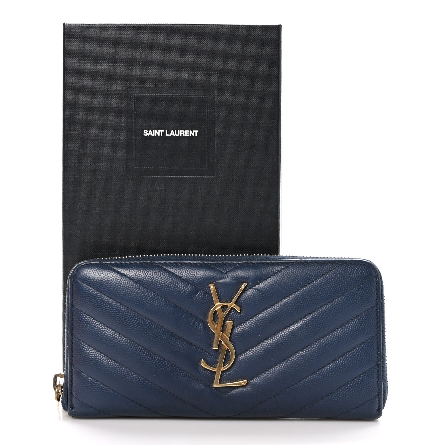 Saint Laurent Grain De Poudre Matelasse Chevron Monogram Zip Around Wallet Deep Marine 8 of 8