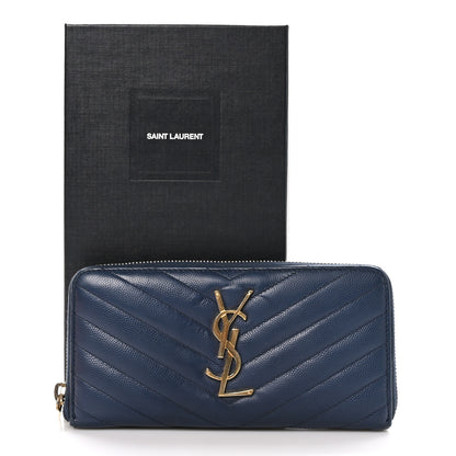 Saint Laurent Grain De Poudre Matelasse Chevron Monogram Zip Around Wallet Deep Marine 8 of 8