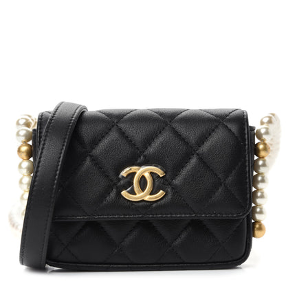 Chanel Calfskin Quilted About Pearls Card Holder Flap With Chain Black 1 of 12