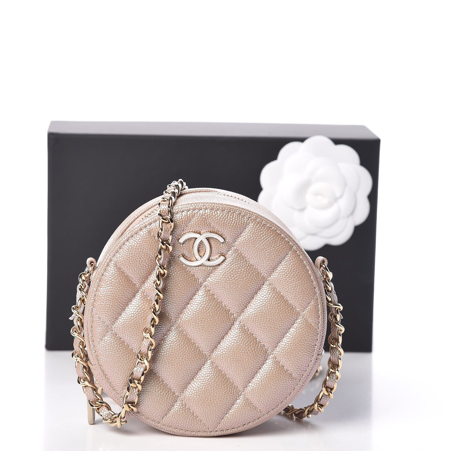 Iridescent Caviar Quilted Round Clutch With Chain Beige