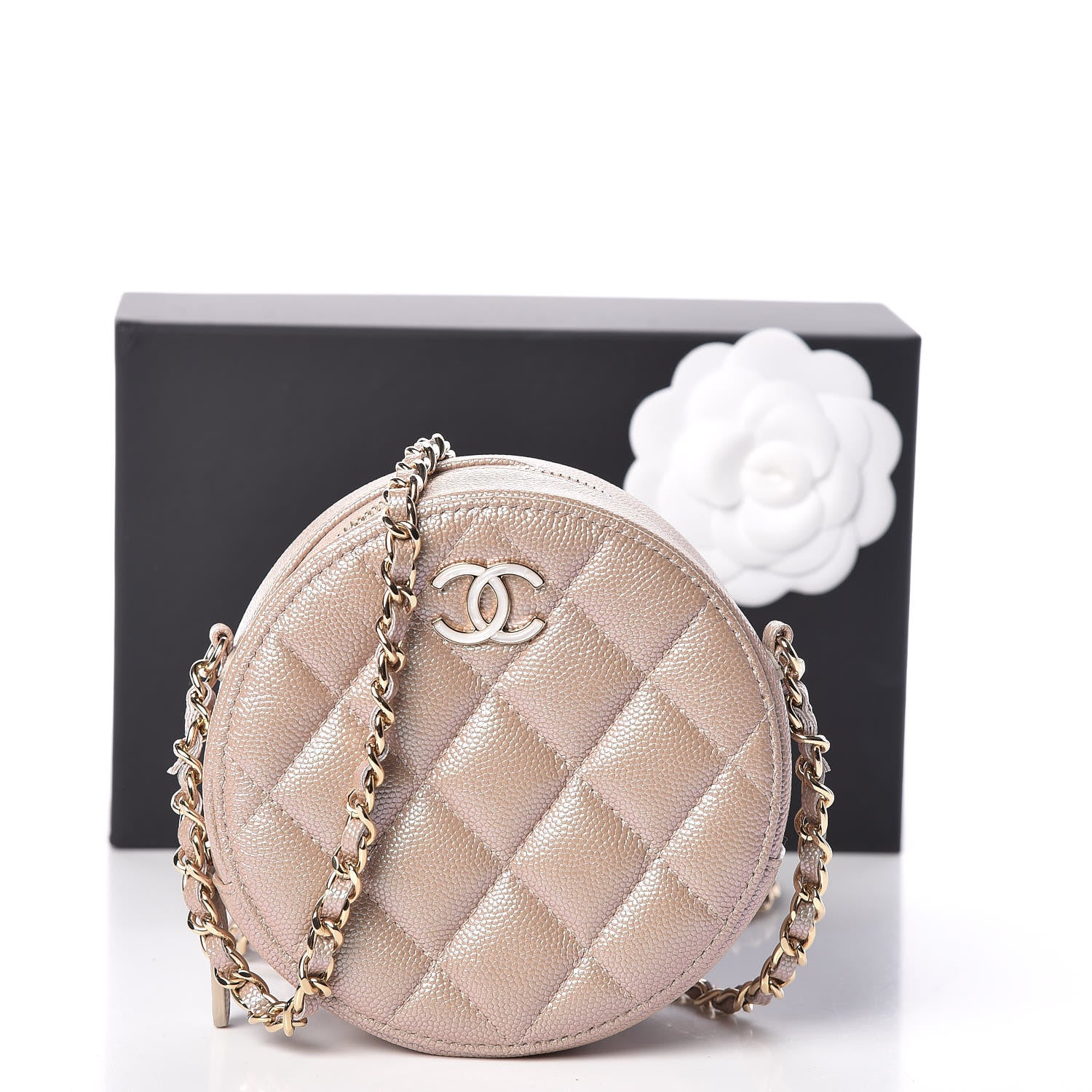 Chanel Iridescent Caviar Quilted Round Clutch With Chain Beige 9 of 9