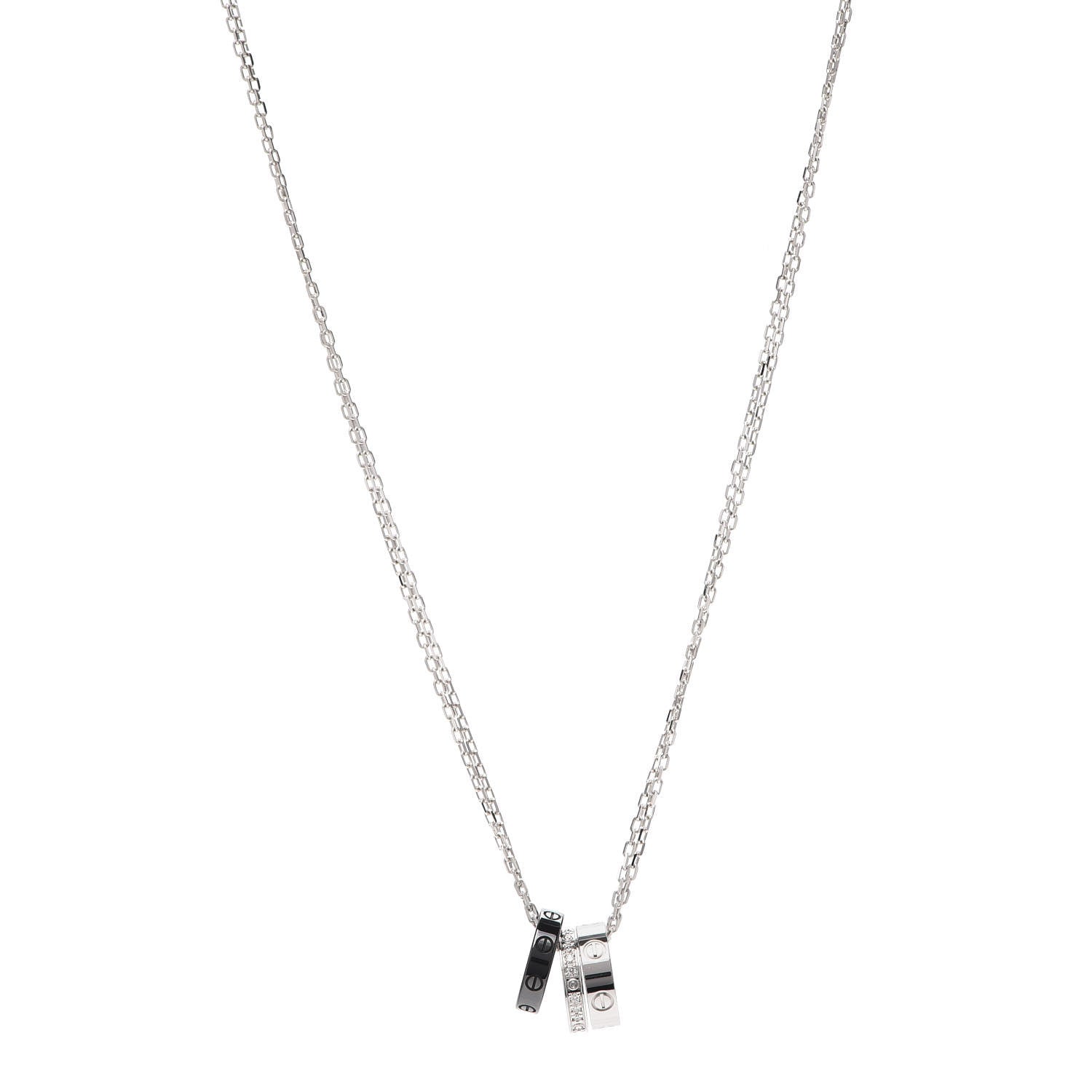 Cartier 18K White Gold Ceramic Diamond Three Ring LOVE Necklace 1 of 6