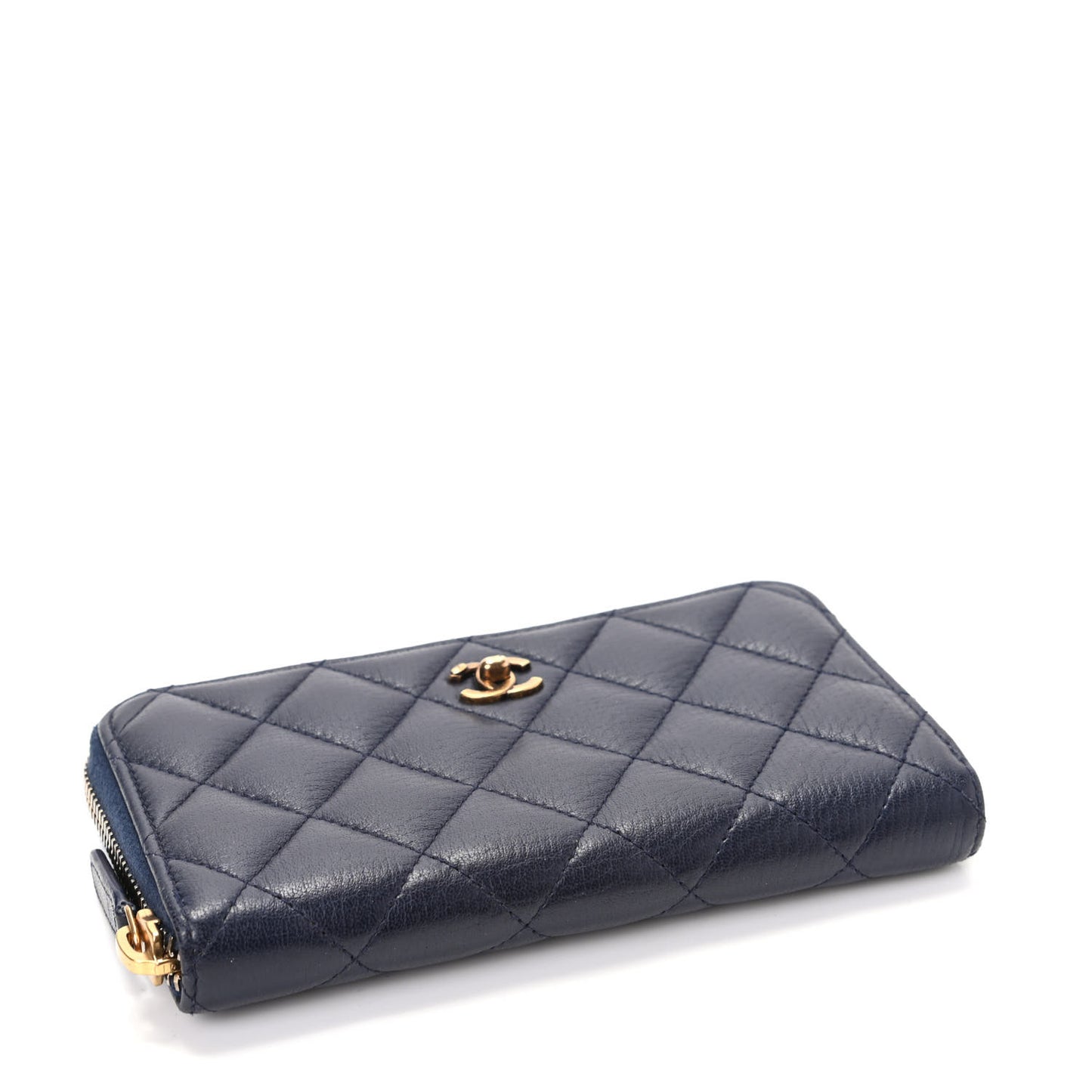 Calfskin Quilted Small Zip Around Wallet Navy