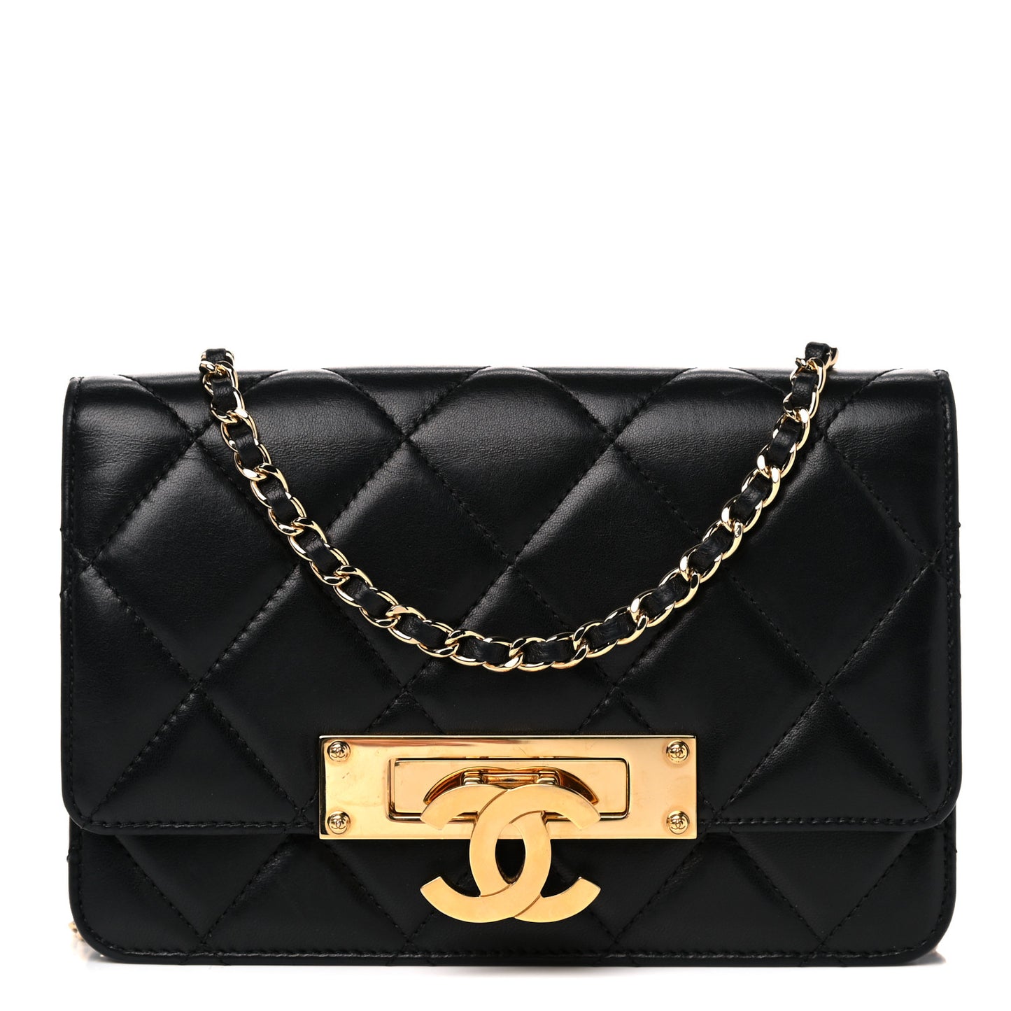 Lambskin Quilted Golden Class Wallet on Chain WOC Black