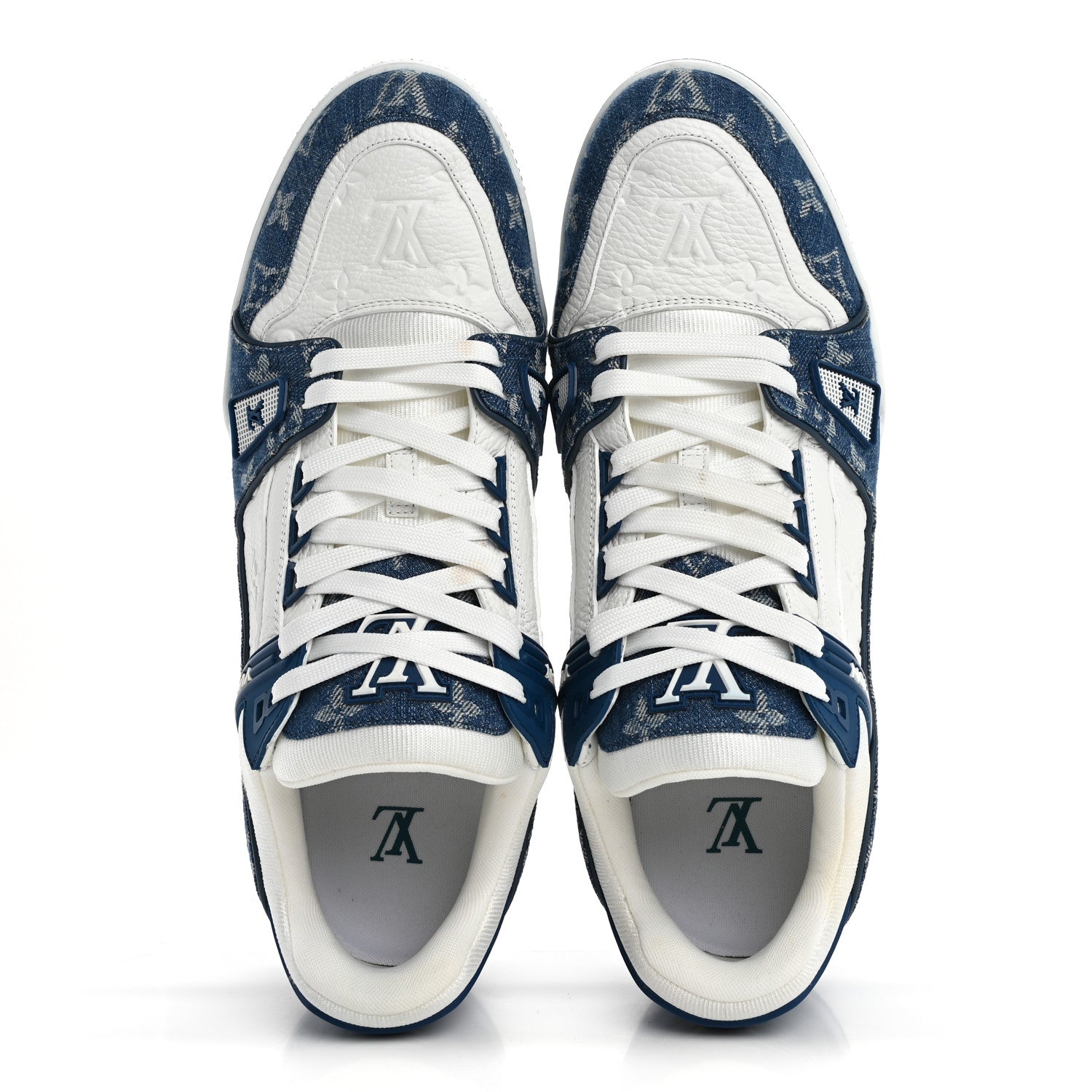 Louis Vuitton Calfskin Embossed Monogram Denim Mens LV Trainer Sneakers 11 Blue 2 of 9
