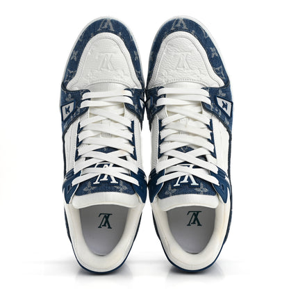 Louis Vuitton Calfskin Embossed Monogram Denim Mens LV Trainer Sneakers 11 Blue 2 of 9