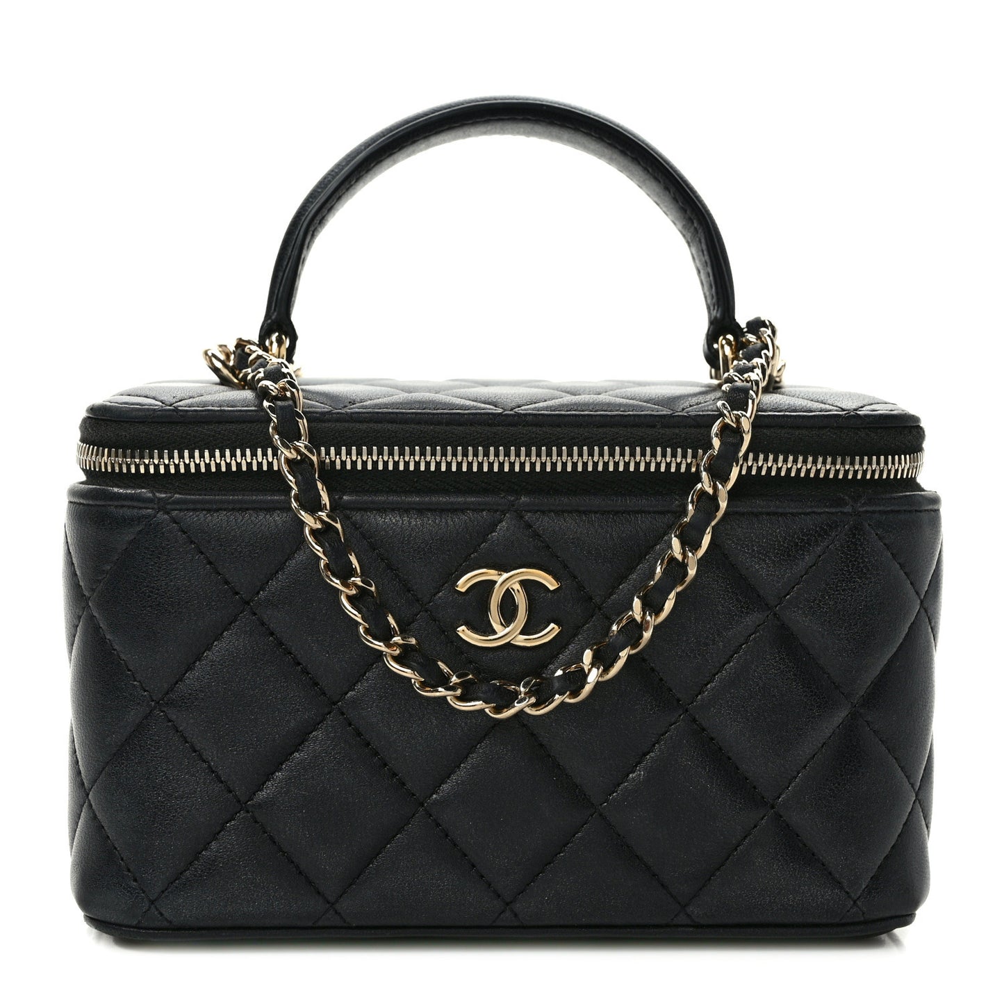 Lambskin Quilted Small Top Handle Vanity Case With Chain Black