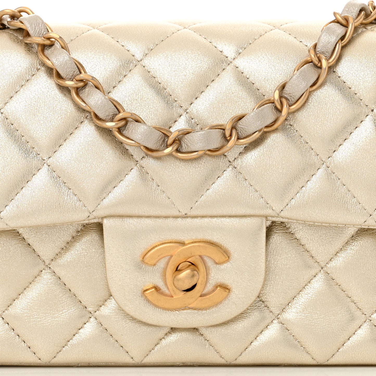 Metallic Lambskin Quilted Mini Rectangular Flap Gold