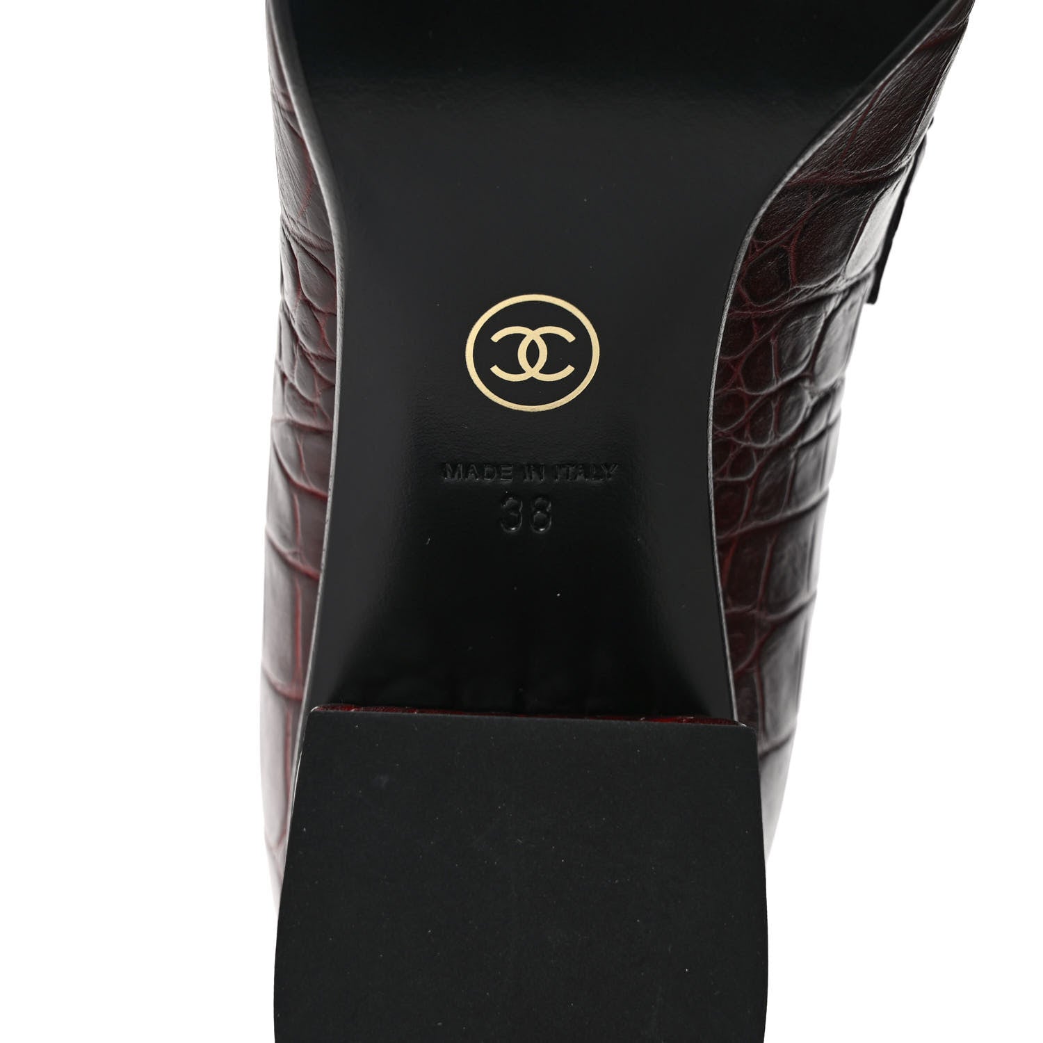 Chanel Crocodile Embossed Calfskin CC Chain Mocassin Loafers 38 Burgundy Black 6 of 9