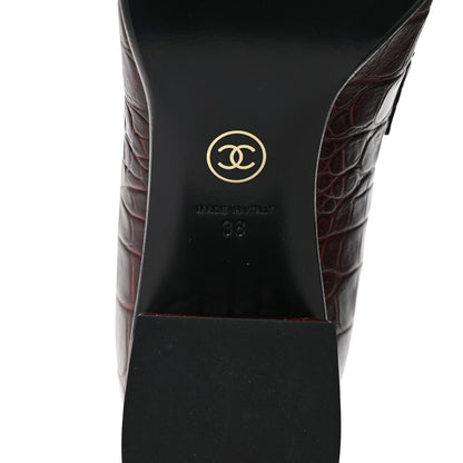 Chanel Crocodile Embossed Calfskin CC Chain Mocassin Loafers 38 Burgundy Black 6 of 9