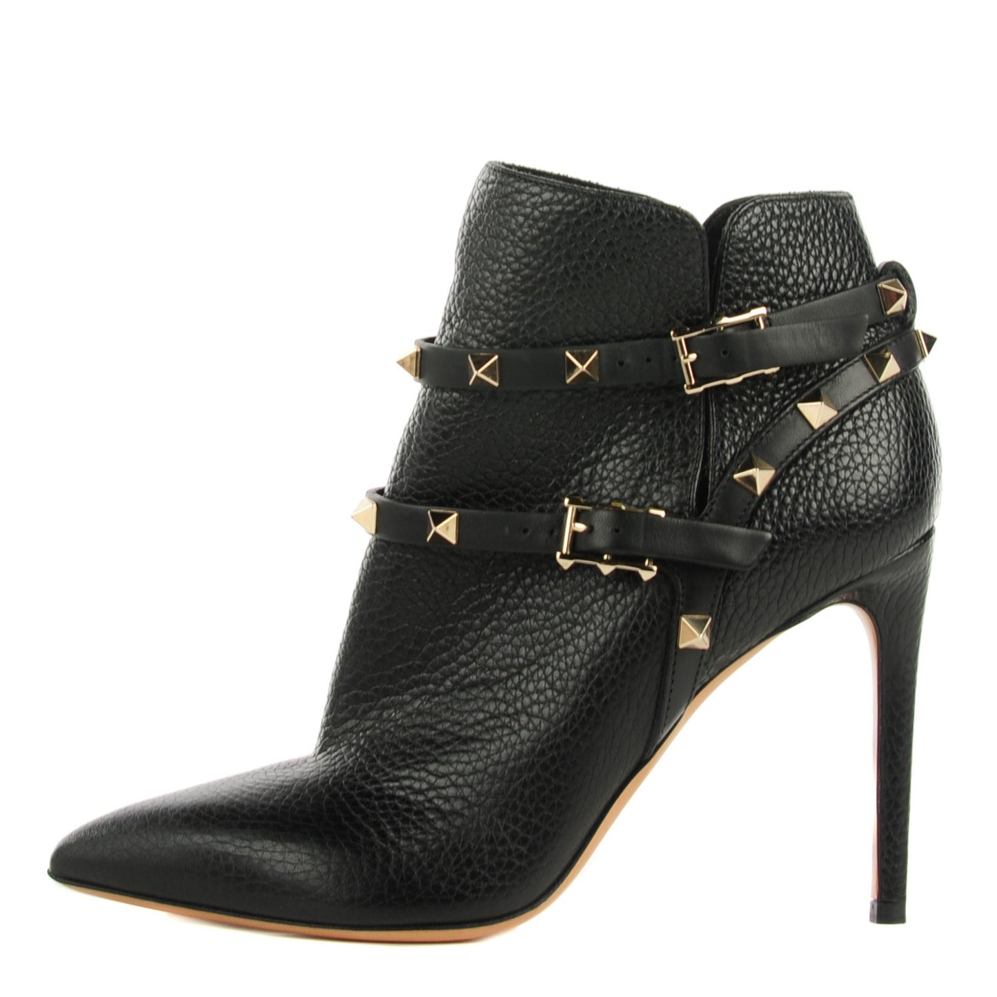 Pebbled Calfskin Rockstud Double Buckle 100mm Ankle Boots 37.5 Black