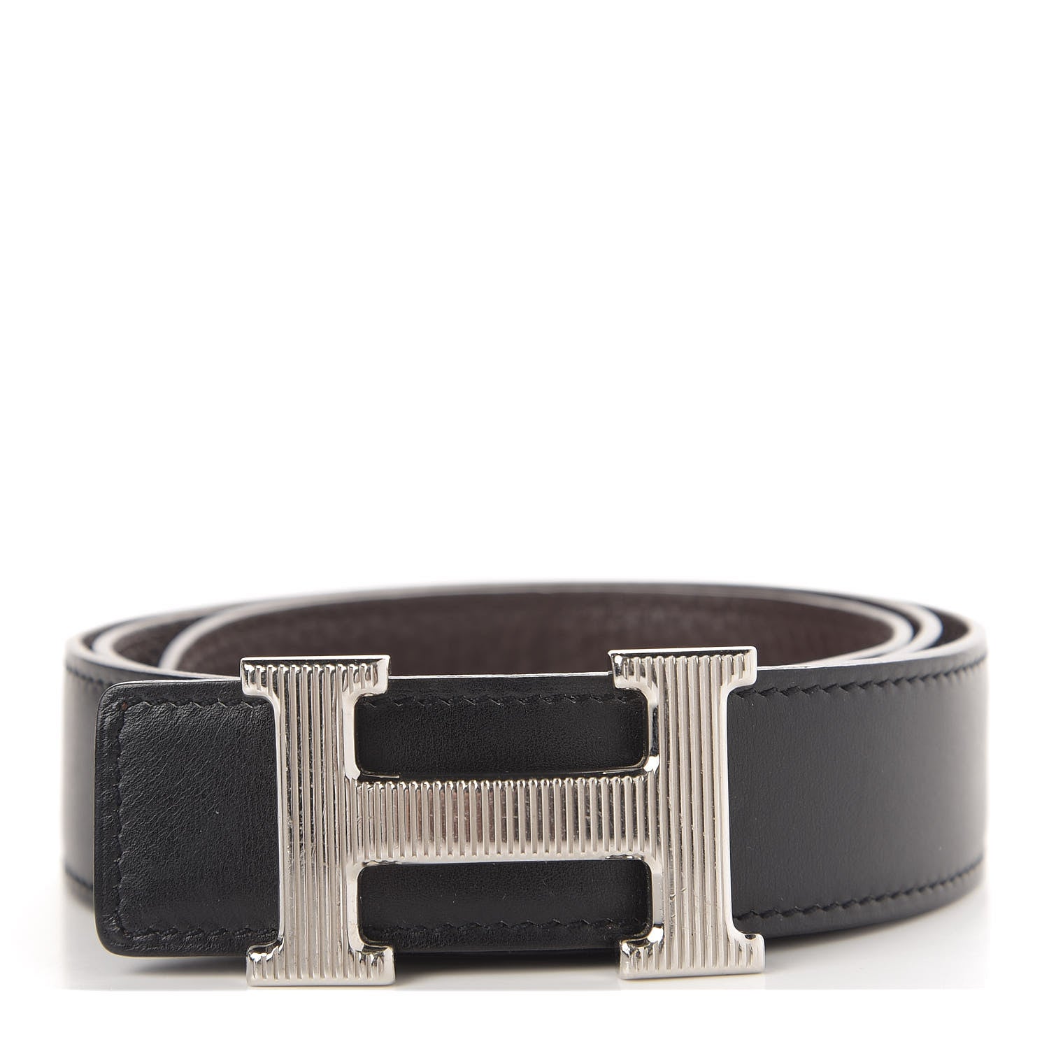 Hermes Box Togo Strie 32mm H Belt 90 Black Chocolate 1 of 6