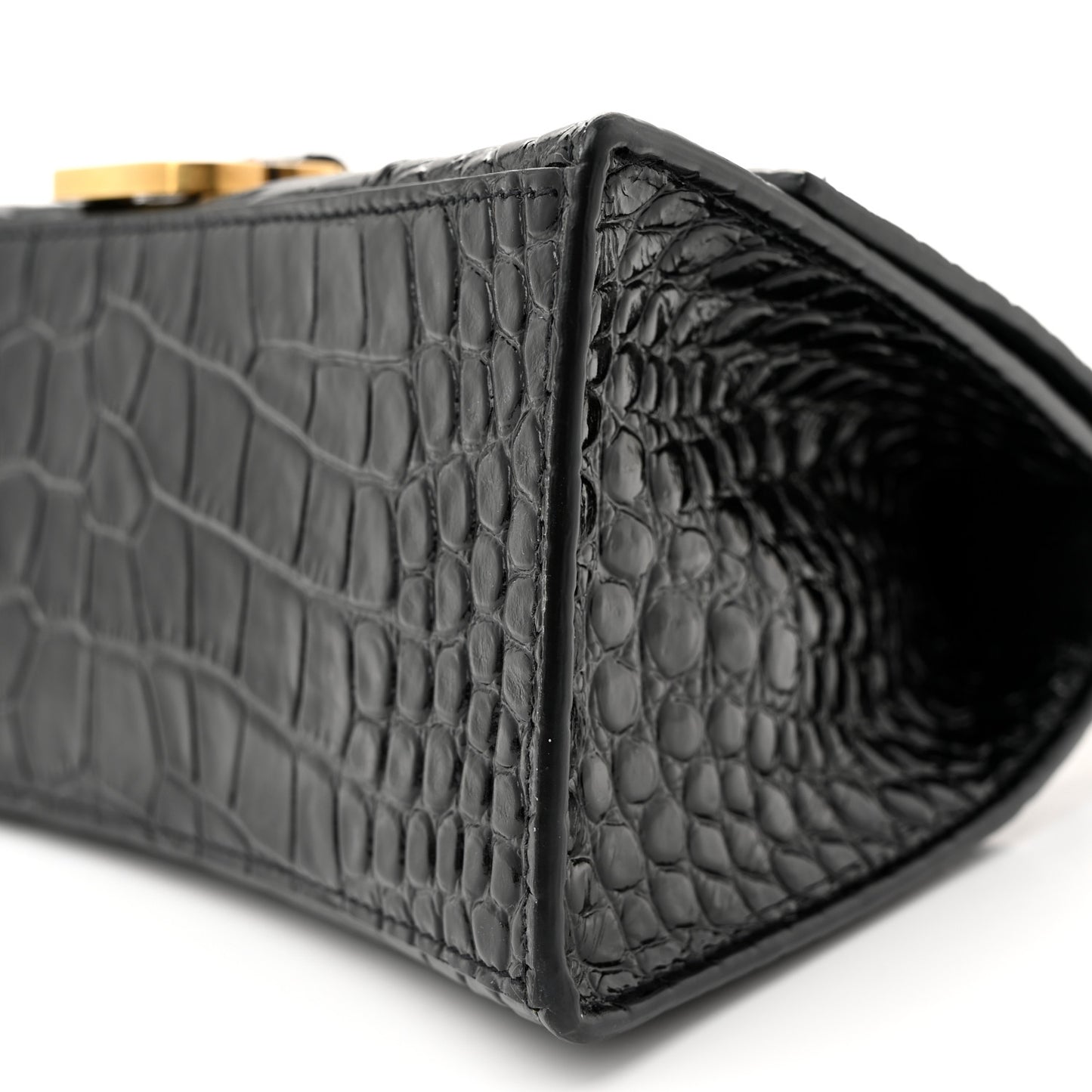 Shiny Calfskin Crocodile Embossed Small Hourglass Top Handle Bag Black