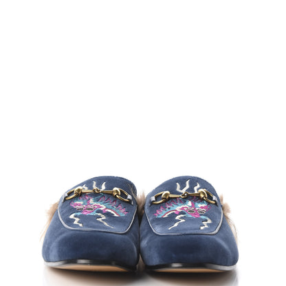 Gucci Velvet Fur Dragon Embroidered Mens Princetown Slippers 6 Zaffre Dark Zaffre 2 of 8