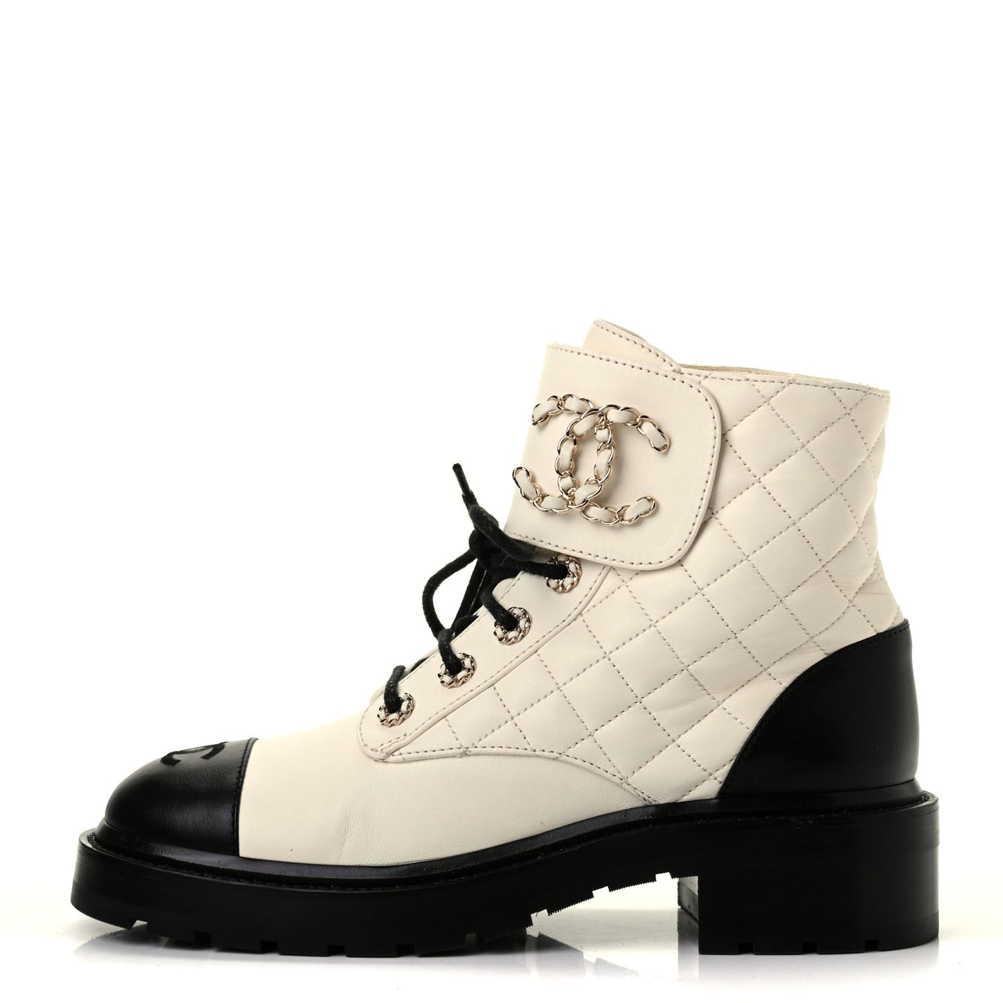 Shiny Goatskin Calfskin Quilted Lace Up Combat Boots 39 White Black