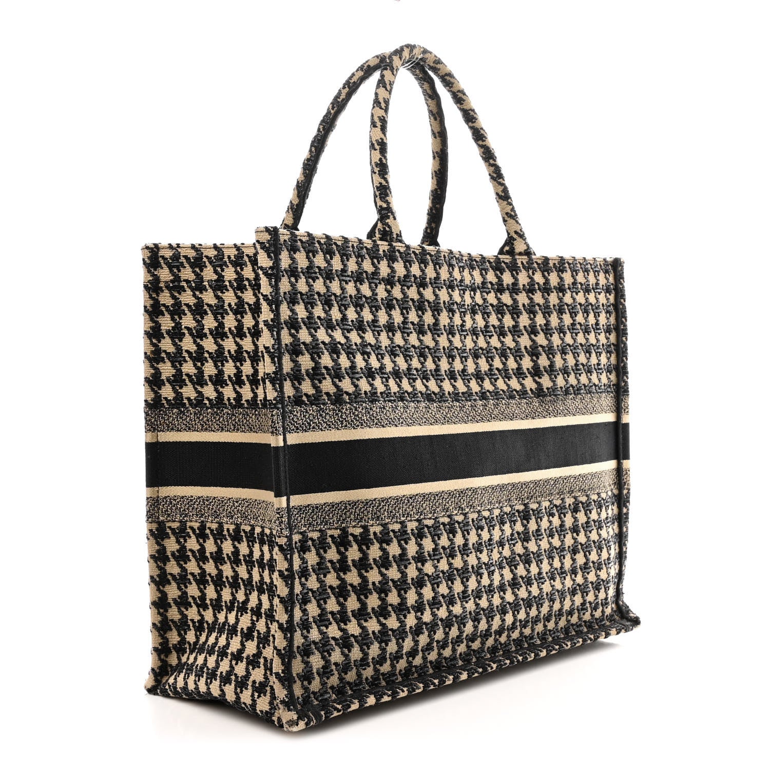 Christian Dior Canvas Houndstooth Embroidered Book Tote Beige Black 3 of 12