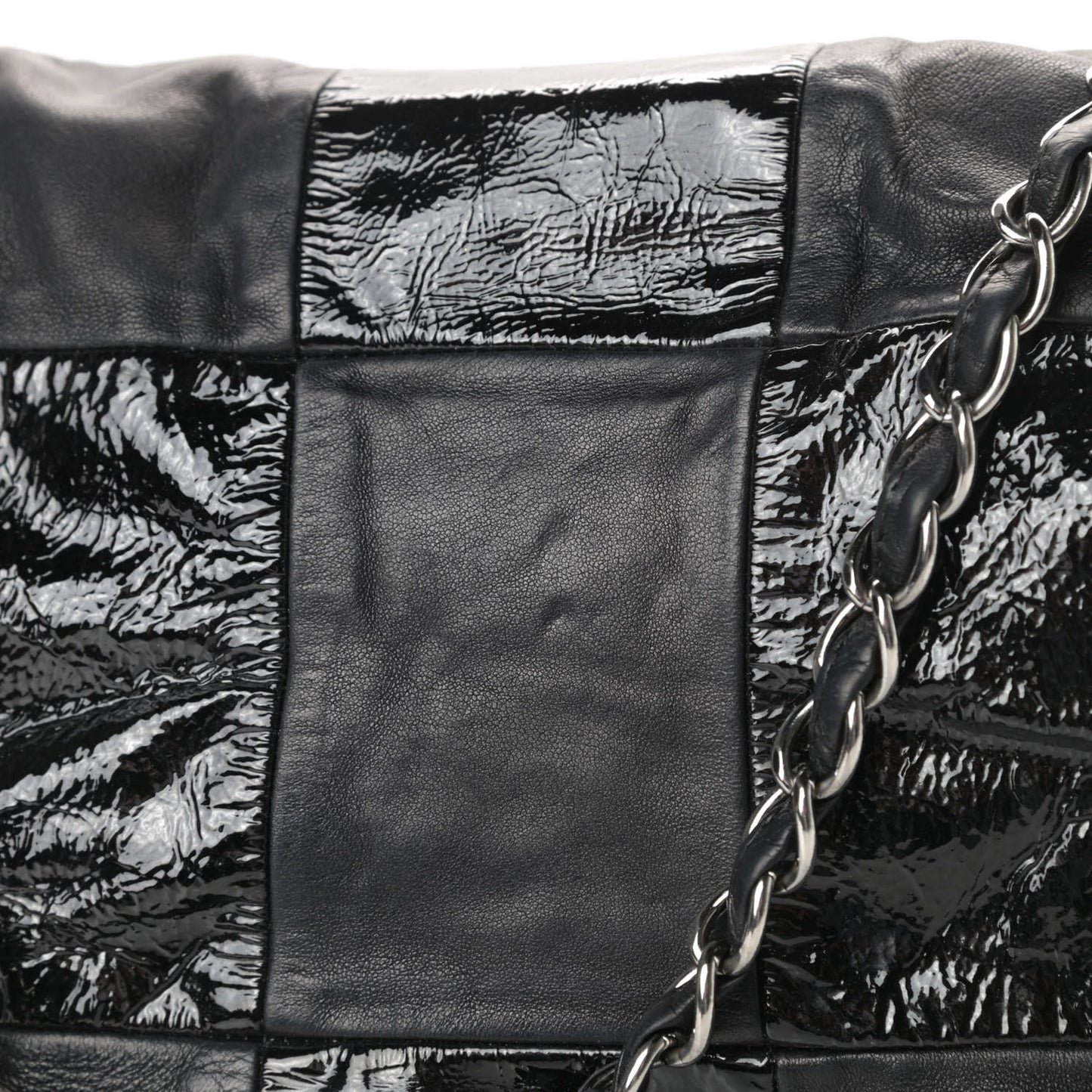 Lambskin Patent Calfskin Brooklyn Patchwork Accordion Flap Black